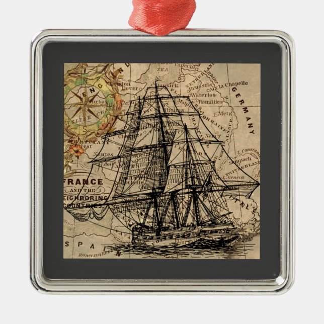 Vintage Ship And Map Metal Tree Decoration (Front)