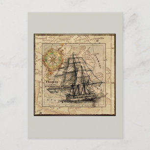Vintage Ship And Map Postcard