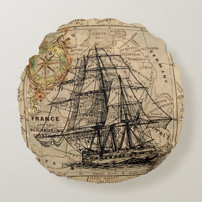 Vintage Ship And Map Round Cushion (Front)