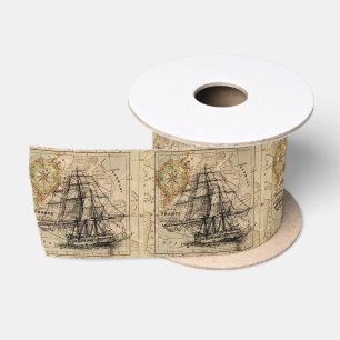 Vintage Ship And Map Satin Ribbon
