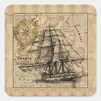 Vintage Ship And Map Square Sticker