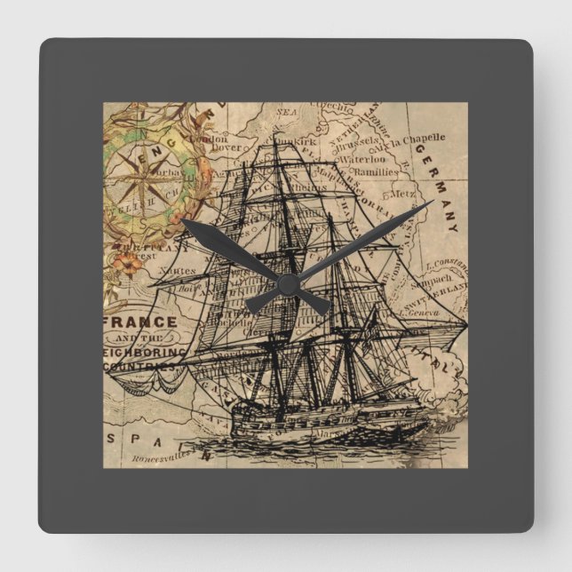 Vintage Ship And Map Square Wall Clock (Front)