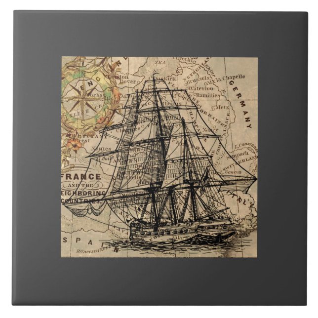 Vintage Ship And Map Tile (Front)