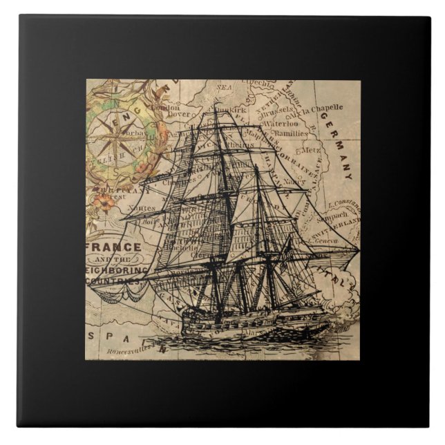 Vintage Ship And Map Tile (Front)