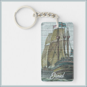 Vintage Ship Blue Green Wanderlust Theme  Key Ring