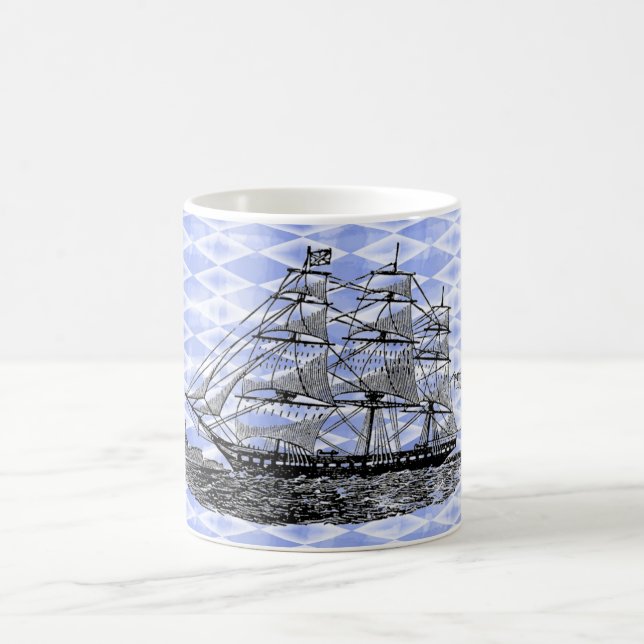 Vintage Ship Blue Harlequin Coffee Mug (Center)