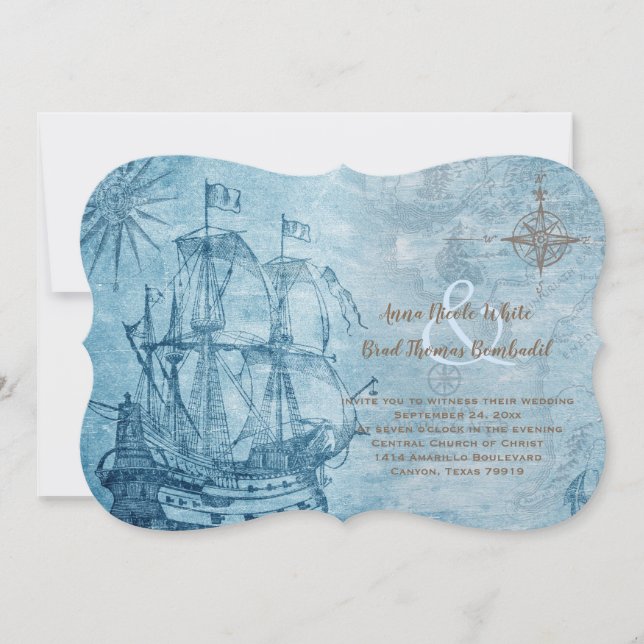 Vintage Ship Blue Nautical Wedding Invitation (Front)