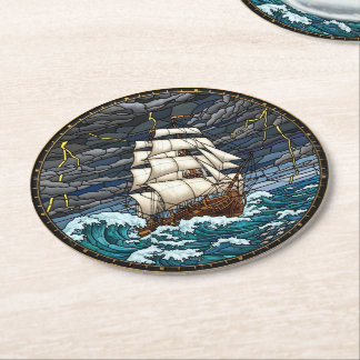 Vintage Ship Coaster, Stormy Sea, Nautical Round Paper Coaster
