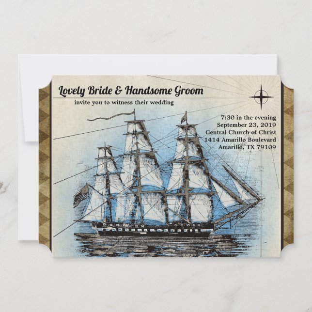 Vintage Ship Wedding Invitation (Front)