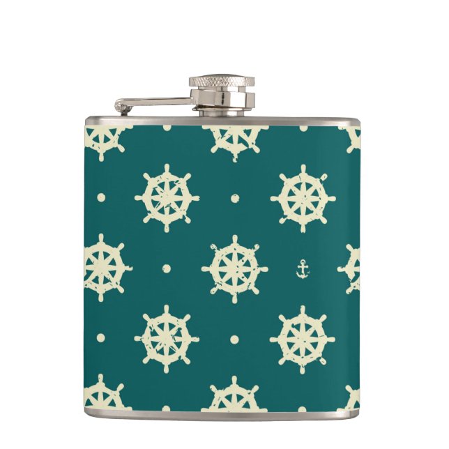 Vintage Ship Wheel Pattern Hip Flask (Front)
