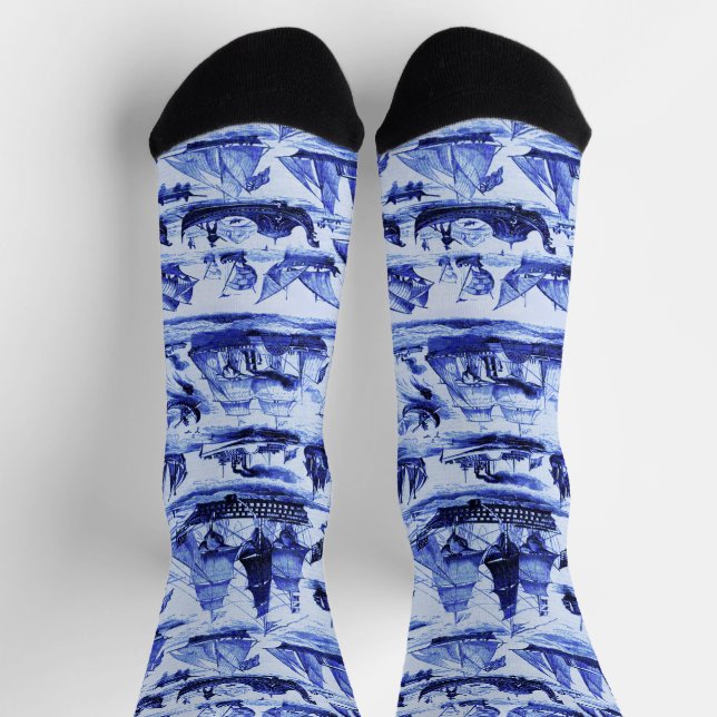 VINTAGE SHIPS,SAILING VESSELS,Navy Blue Pattern Socks (Top)