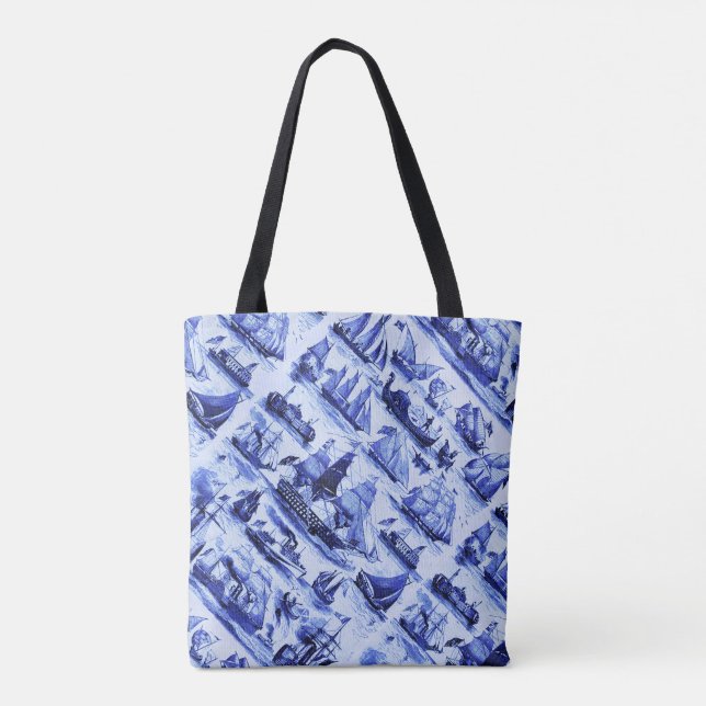 VINTAGE SHIPS,SAILING VESSELS,Navy Blue Tote Bag (Back)