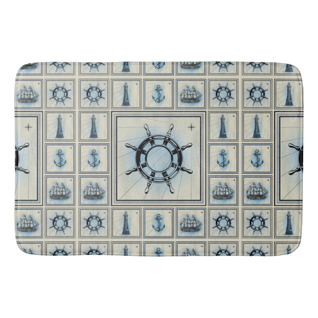 Vintage Ship's Wheel Collage Pattern Bath Mat (Front)