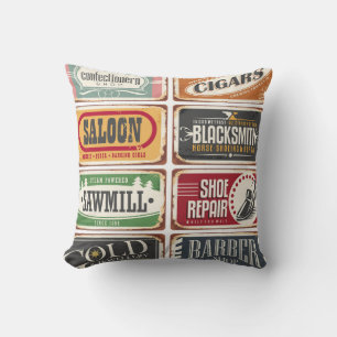 Vintage shop posters collection. Retro store tin s Cushion