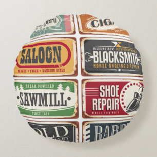 Vintage shop posters collection. Retro store tin s Round Cushion