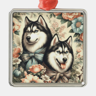 Vintage Siberian Husky  Illustration Metal Tree Decoration