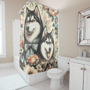 Vintage Siberian Husky Illustration Shower Curtain