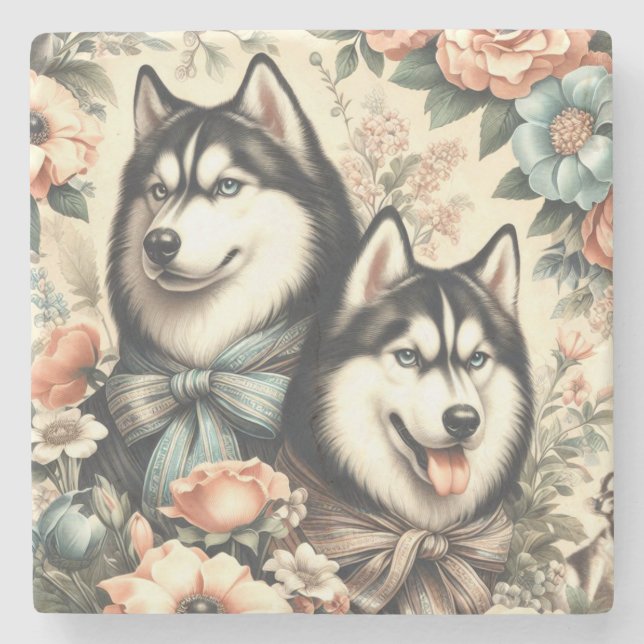 Vintage Siberian Husky  Illustration Stone Coaster (Front)