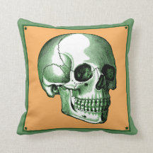 Vintage Side View Green and Tangerine Skull Pillow