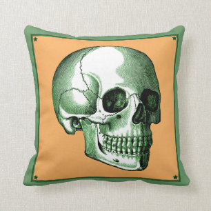 Vintage Side View Green and Tangerine Skull Pillow