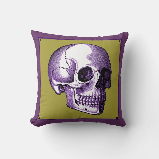 Vintage Side View Purple and Gold Skull Pillow (Front)