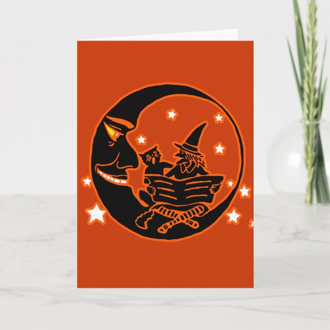Vintage Silhouette Witch Cat and Moon Card (Front)