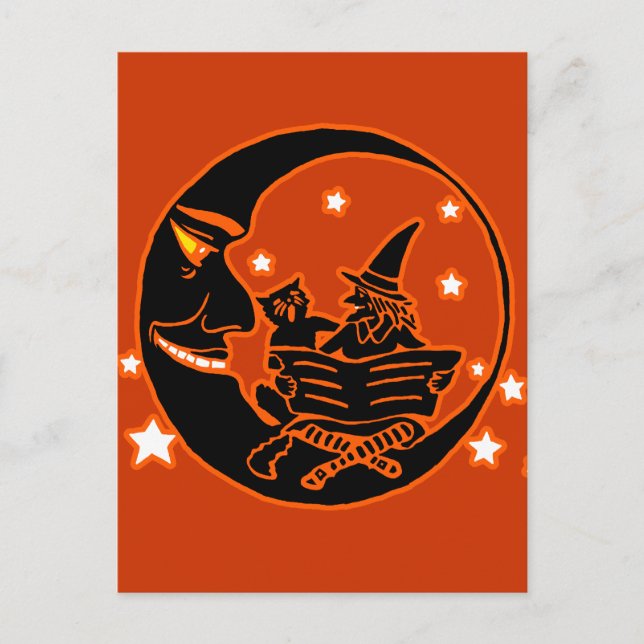 Vintage Silhouette Witch Cat and Moon Postcard (Front)