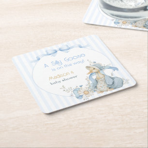 Vintage Silly Goose Pastel Blue Girl Baby Shower  Square Paper Coaster