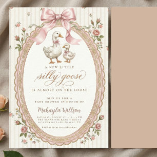 Vintage Silly Goose Pink Bow Baby Shower Invitation