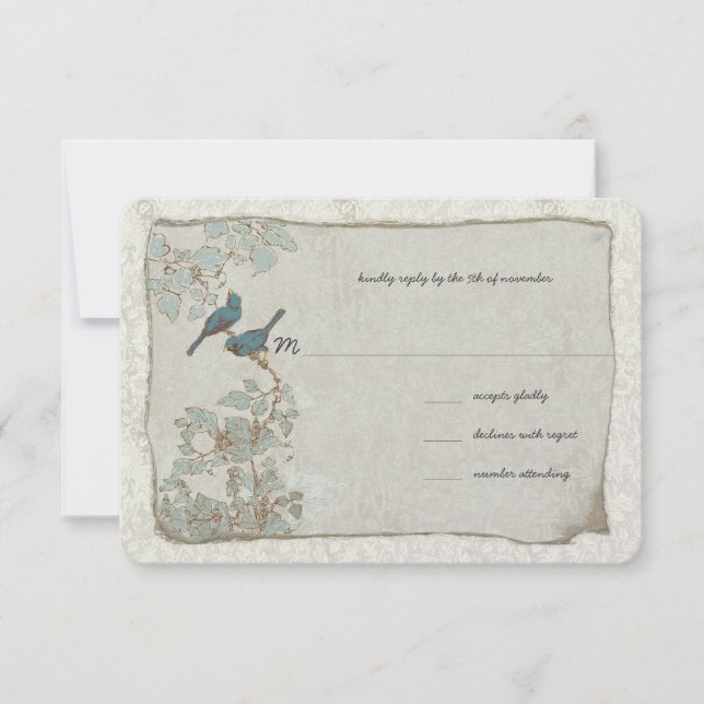 Vintage Silver and Blue Birds Damask Wedding RSVP (Front)