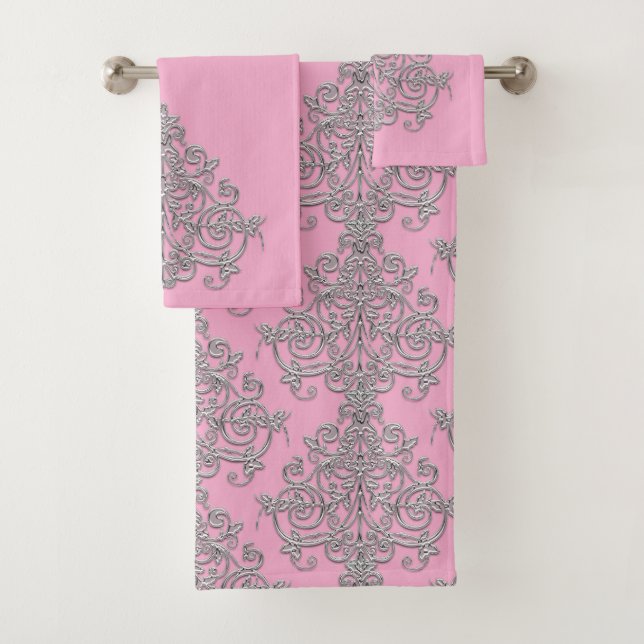 Vintage Silver and Pink Damask Bath Towel Set (Insitu)