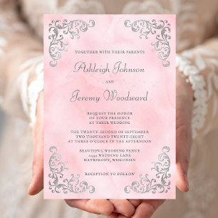 Vintage Silver Blush Pink Watercolor Wedding Invitation