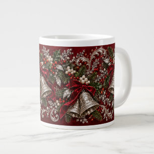 Vintage Silver Christmas Bells & Burgundy Velvet E Large Coffee Mug