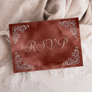 Vintage Silver Cinnamon Rust Watercolor Wedding RSVP Card