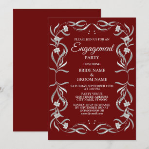 Vintage Silver Floral Pattern Red Engagement Party Invitation