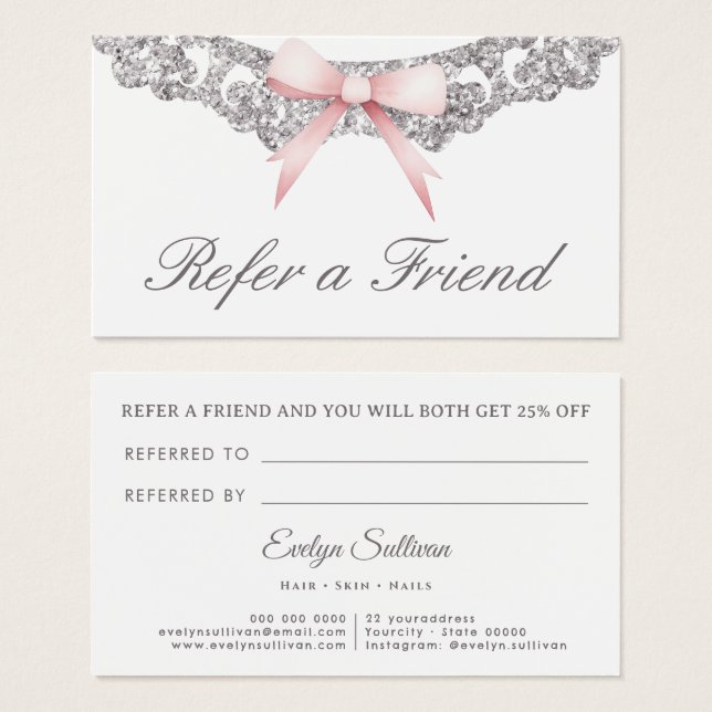 Vintage silver frame pink bow referral card (Front & Back)