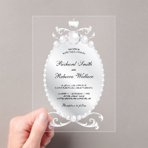 Vintage Silver Gemstone Pearl Wedding Acrylic Invitations