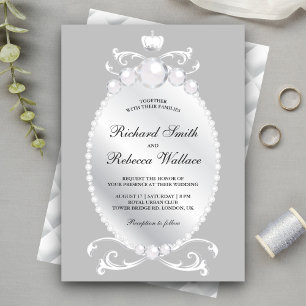 Vintage Silver Gemstone Pearl Wedding Invitation