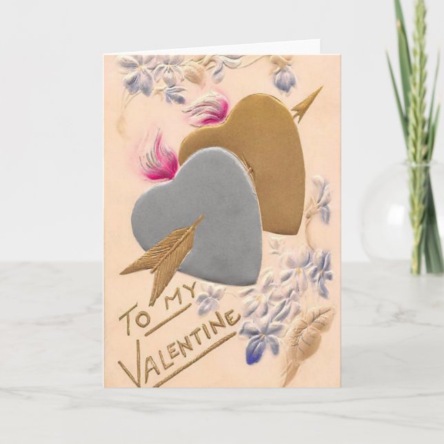 Vintage Silver & Gold Hearts Valentine Postcard (Front)