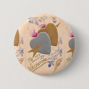 Vintage Silver & Gold Hearts Valentine Postcard 6 Cm Round Badge