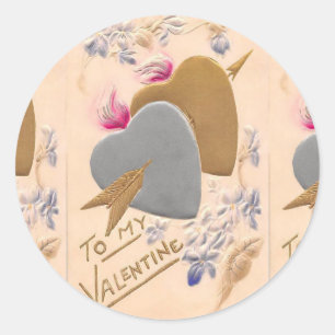 Vintage Silver & Gold Hearts Valentine Postcard Classic Round Sticker