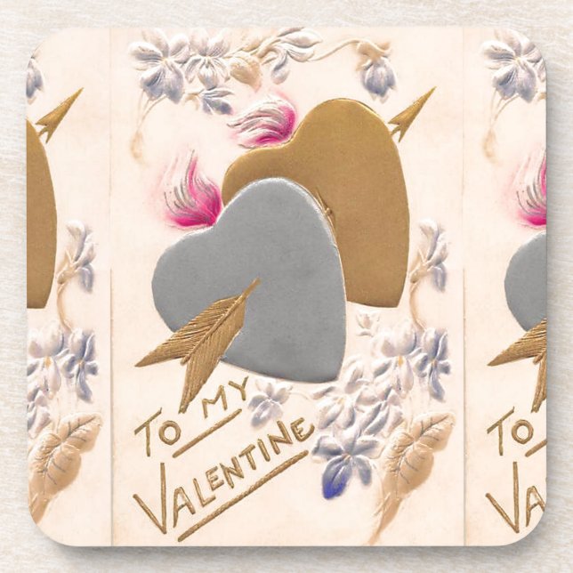 Vintage Silver & Gold Hearts Valentine Postcard Coaster (Front)
