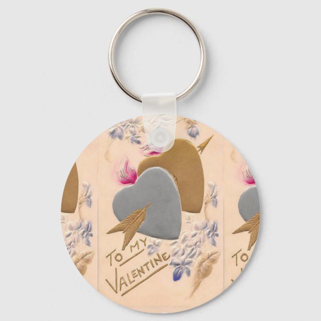 Vintage Silver & Gold Hearts Valentine Postcard Key Ring (Front)