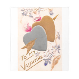 Vintage Silver & Gold Hearts Valentine Postcard Notepad