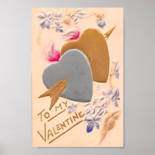 Vintage Silver & Gold Hearts Valentine Postcard Poster