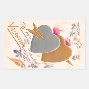 Vintage Silver & Gold Hearts Valentine Postcard Rectangular Sticker