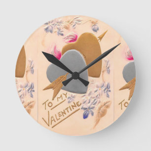 Vintage Silver & Gold Hearts Valentine Postcard Round Clock