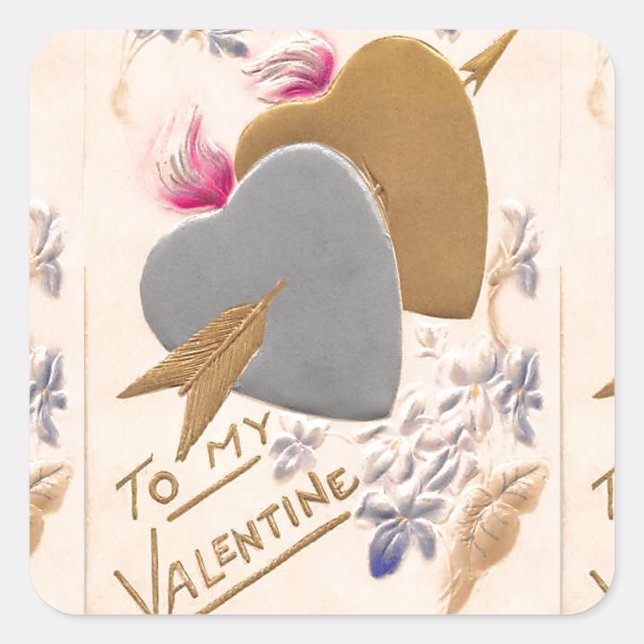 Vintage Silver & Gold Hearts Valentine Postcard Square Sticker (Front)