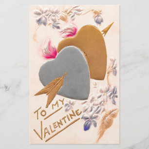 Vintage Silver & Gold Hearts Valentine Postcard Stationery