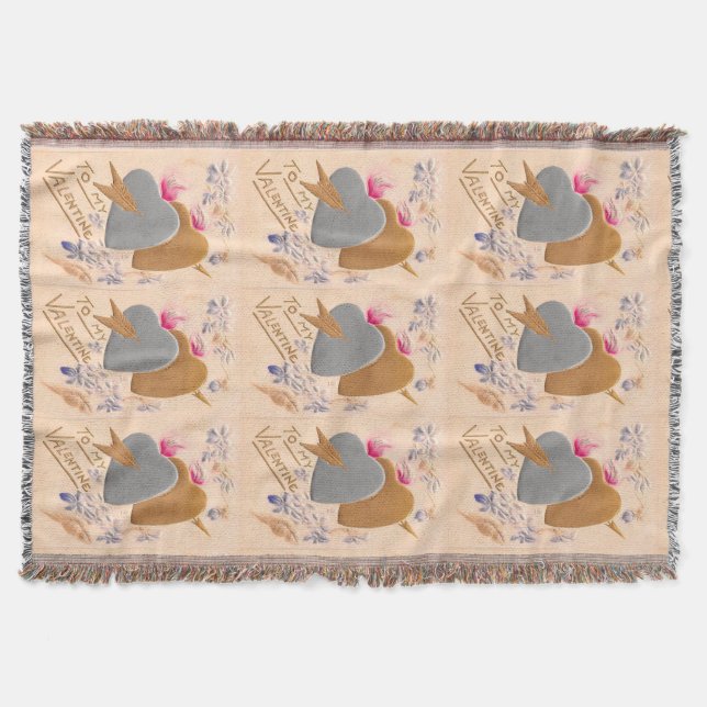 Vintage Silver & Gold Hearts Valentine Postcard Throw Blanket (Front)